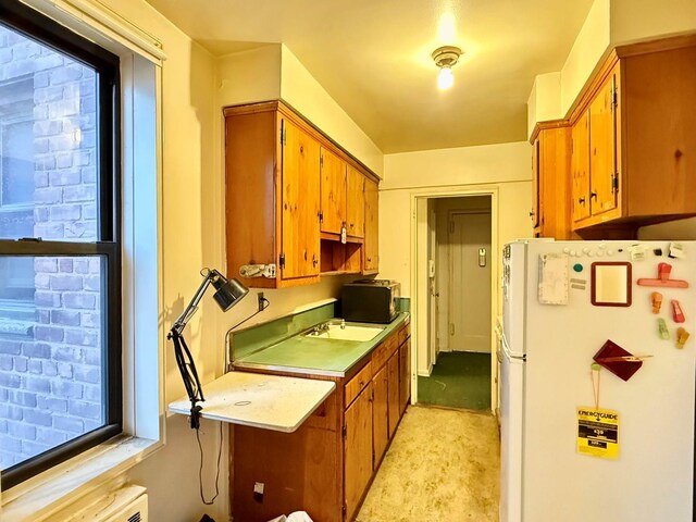 kitchen featuring white refrigerator and sink