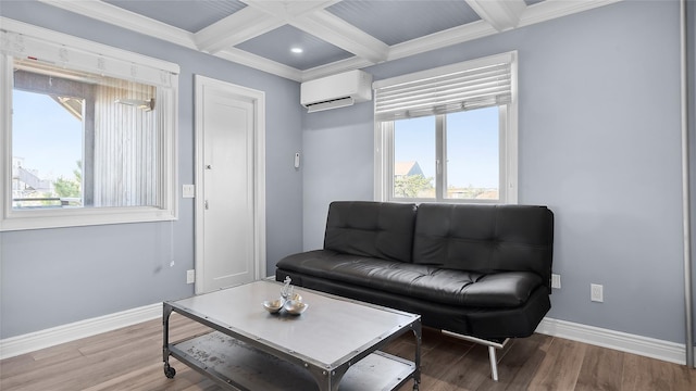 living room with an AC wall unit, hardwood / wood-style floors, beamed ceiling, and coffered ceiling