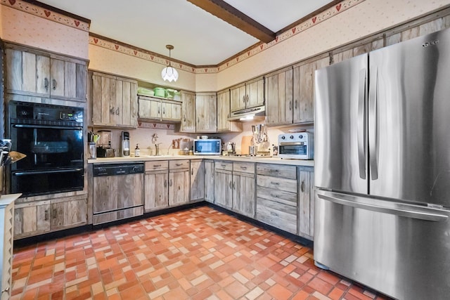 kitchen with beam ceiling, sink, and stainless steel appliances