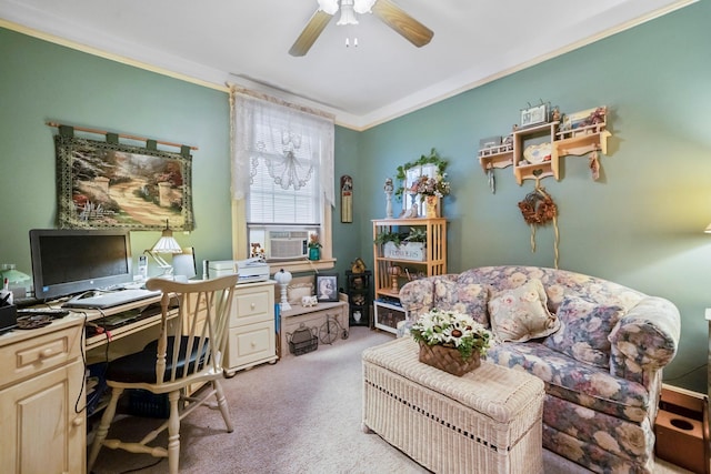 carpeted office with cooling unit, crown molding, and ceiling fan