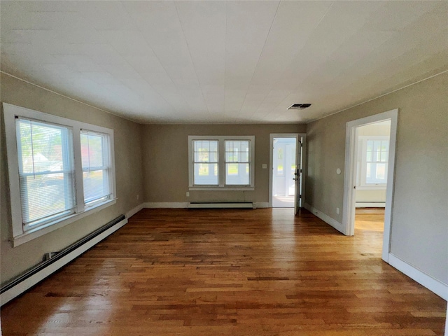 unfurnished room featuring dark hardwood / wood-style floors and a baseboard heating unit