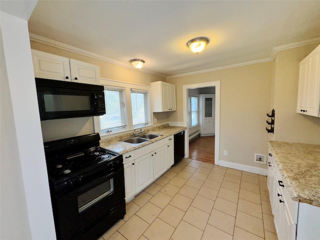 kitchen with crown molding, white cabinetry, sink, and black appliances