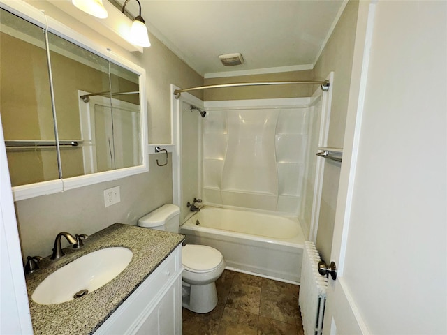 full bathroom with vanity,  shower combination, toilet, and radiator