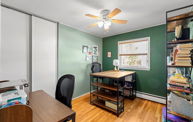 office space with light hardwood / wood-style floors, baseboard heating, and ceiling fan