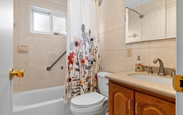 full bathroom with shower / bath combination with curtain, backsplash, vanity, tile walls, and toilet