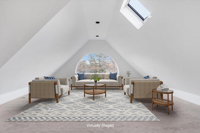 carpeted living room featuring vaulted ceiling with skylight and a healthy amount of sunlight