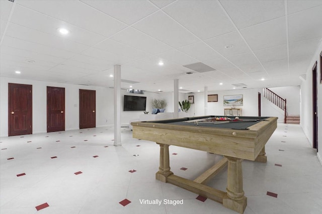 rec room with a paneled ceiling and billiards