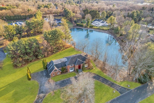 bird's eye view with a water view