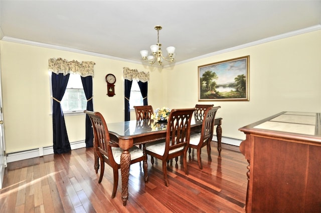 dining space featuring a baseboard heating unit, dark hardwood / wood-style flooring, ornamental molding, and a chandelier