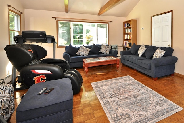 living room featuring vaulted ceiling with beams, parquet floors, and a healthy amount of sunlight