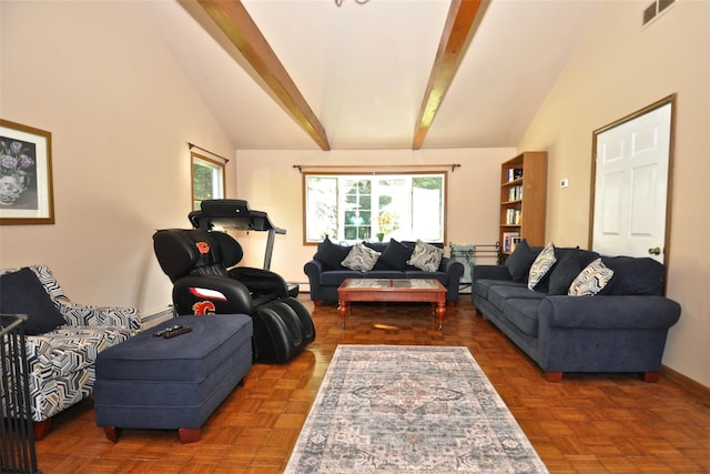 living room with dark parquet flooring, lofted ceiling with beams, and a baseboard radiator