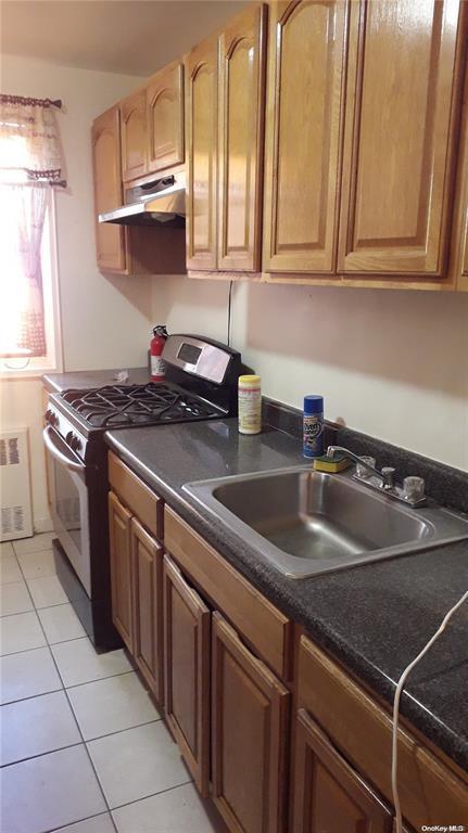 kitchen with stainless steel range with gas cooktop, sink, light tile patterned floors, and radiator heating unit