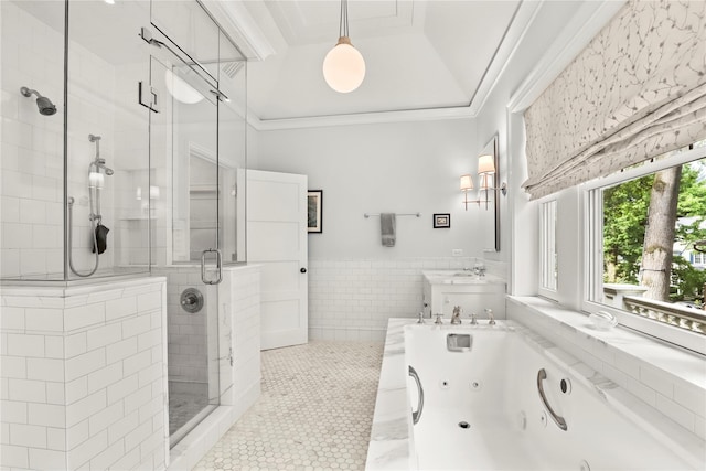 bathroom with ornamental molding, vaulted ceiling, a raised ceiling, independent shower and bath, and tile patterned flooring