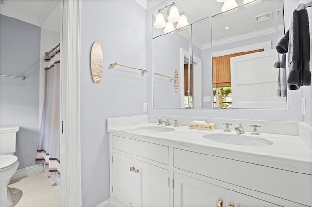 bathroom with walk in shower, vanity, crown molding, tile patterned flooring, and toilet