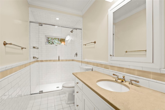 bathroom featuring vanity, crown molding, tile patterned flooring, tile walls, and walk in shower