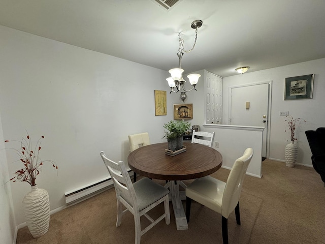 carpeted dining space with a chandelier and a baseboard radiator