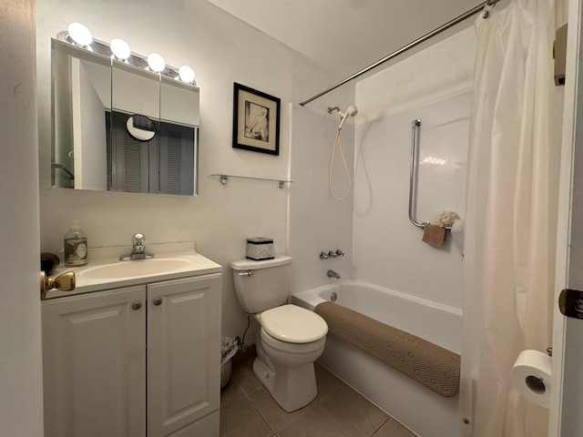 full bathroom with tile patterned floors, vanity, shower / bathtub combination with curtain, and toilet