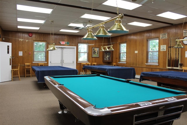 recreation room with billiards, a drop ceiling, carpet floors, and a wealth of natural light