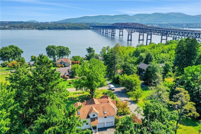 birds eye view of property with a water and mountain view