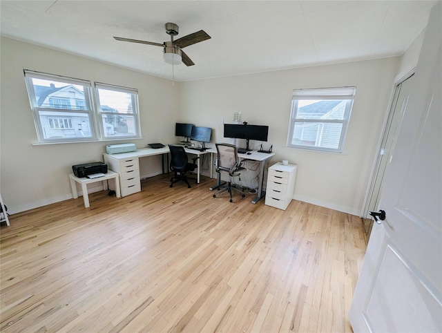 office area featuring ceiling fan and light hardwood / wood-style floors