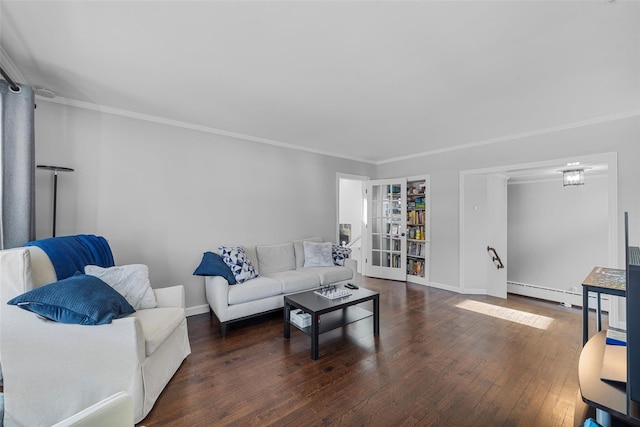 living room with crown molding, a baseboard radiator, and dark hardwood / wood-style flooring