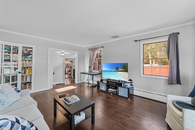 living room featuring a baseboard heating unit, ornamental molding, and dark hardwood / wood-style floors