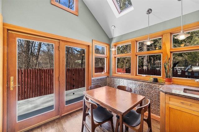 sunroom / solarium with sink and vaulted ceiling with skylight