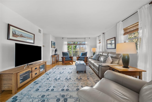 living room with light hardwood / wood-style floors