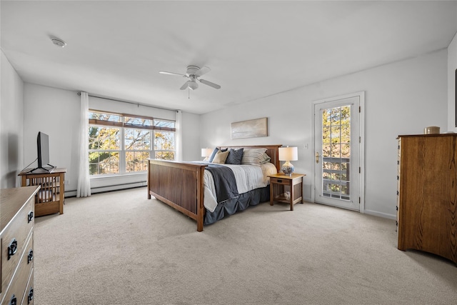 bedroom with light carpet, access to exterior, ceiling fan, and baseboard heating