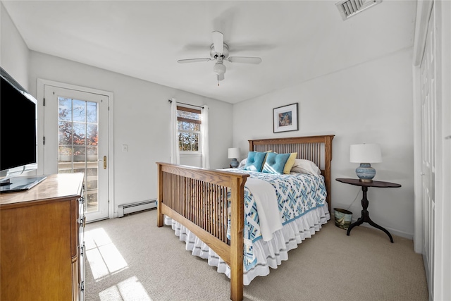 carpeted bedroom with a baseboard radiator, access to exterior, and ceiling fan