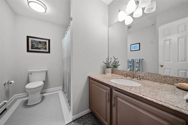 bathroom featuring toilet, a baseboard radiator, vanity, a shower with shower curtain, and tile patterned flooring