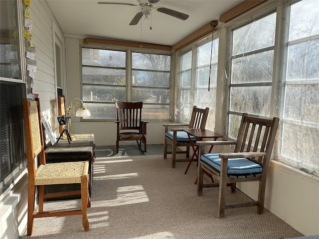 sunroom / solarium with ceiling fan and a healthy amount of sunlight