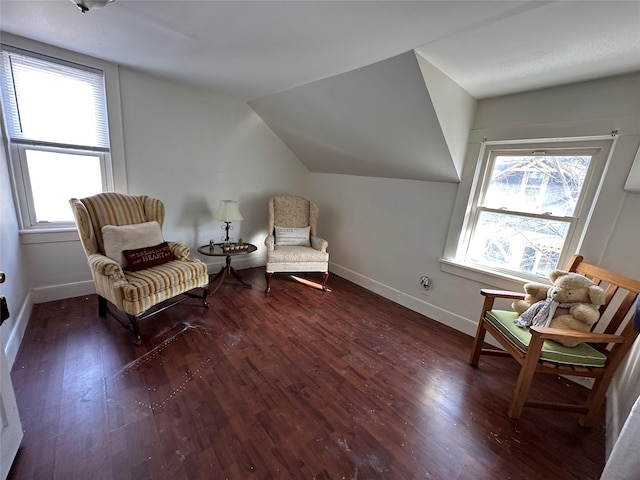 living area featuring lofted ceiling and dark wood-type flooring