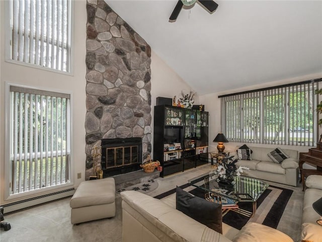 carpeted living room featuring a stone fireplace, ceiling fan, high vaulted ceiling, and a baseboard radiator