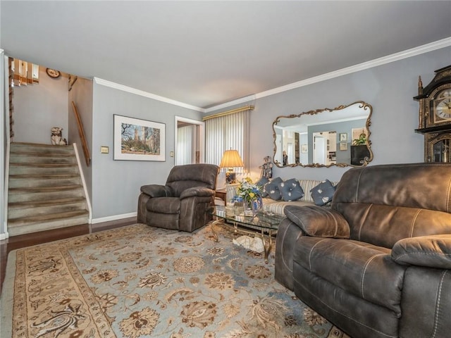 living room featuring crown molding and hardwood / wood-style floors