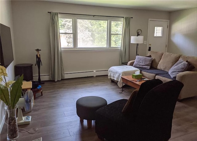 living room with a baseboard radiator, a wealth of natural light, and hardwood / wood-style flooring