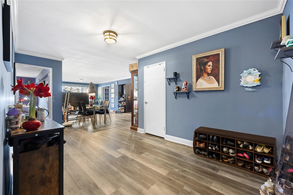 hall featuring wood-type flooring and ornamental molding