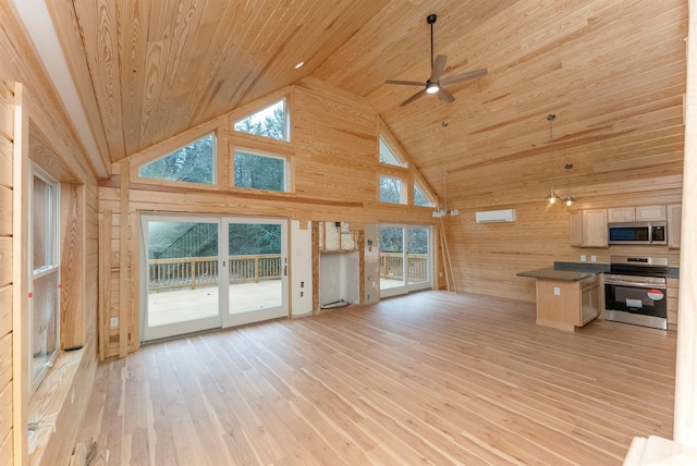 unfurnished living room featuring light wood-type flooring, wood ceiling, ceiling fan, a healthy amount of sunlight, and high vaulted ceiling