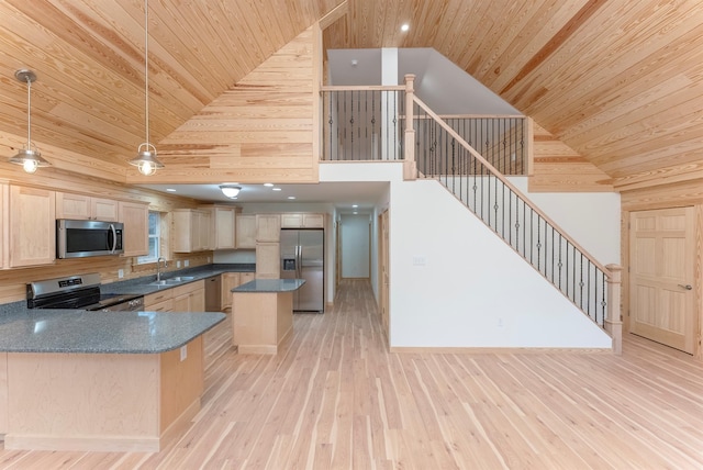 kitchen featuring wood ceiling, high vaulted ceiling, light brown cabinetry, and appliances with stainless steel finishes