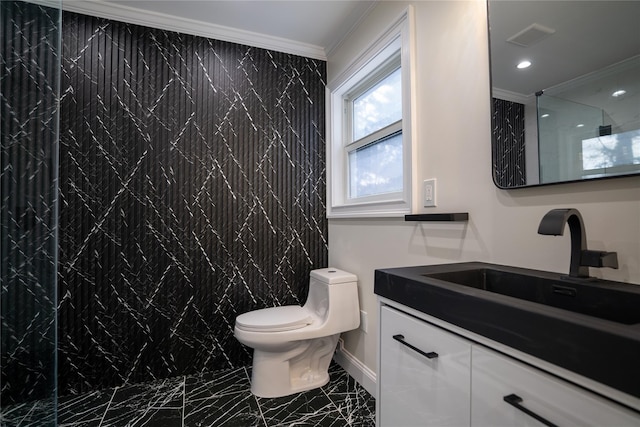 bathroom featuring walk in shower, crown molding, vanity, and toilet