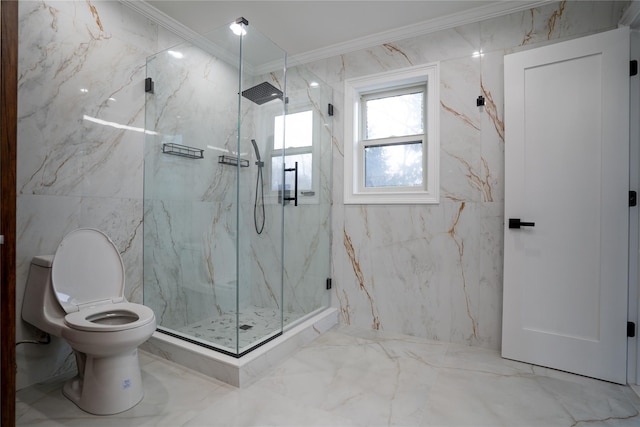 bathroom with toilet, a shower with door, and crown molding