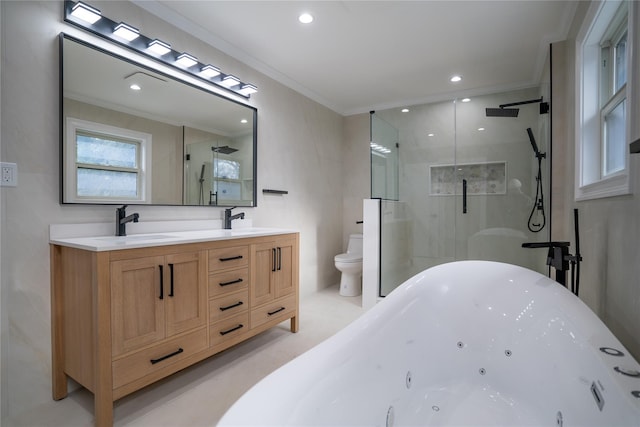 full bathroom featuring crown molding, vanity, independent shower and bath, and toilet