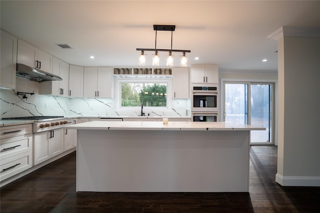 kitchen featuring white cabinets, decorative light fixtures, a center island, and stainless steel appliances