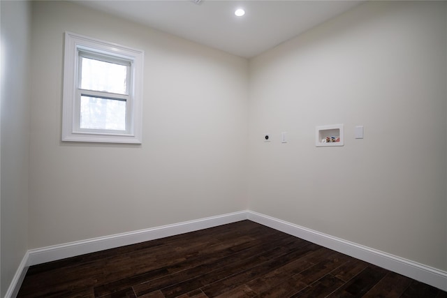 laundry area with hookup for an electric dryer, hookup for a washing machine, and dark wood-type flooring