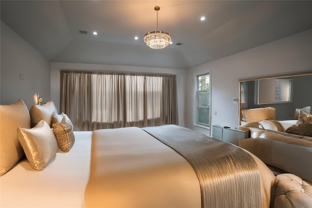 bedroom featuring a chandelier, visible vents, recessed lighting, and lofted ceiling