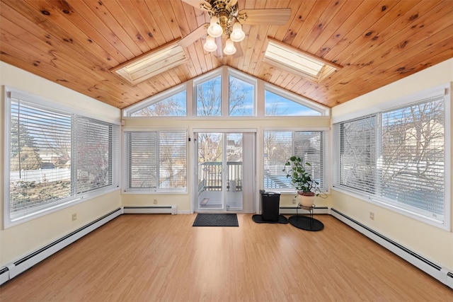 exercise area with a healthy amount of sunlight, ceiling fan, a baseboard heating unit, and wood ceiling