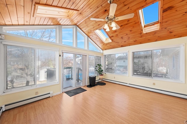 unfurnished sunroom featuring vaulted ceiling with skylight, ceiling fan, wood ceiling, and baseboard heating