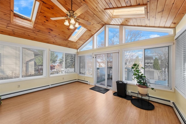 unfurnished sunroom with ceiling fan, a healthy amount of sunlight, wooden ceiling, and a baseboard radiator