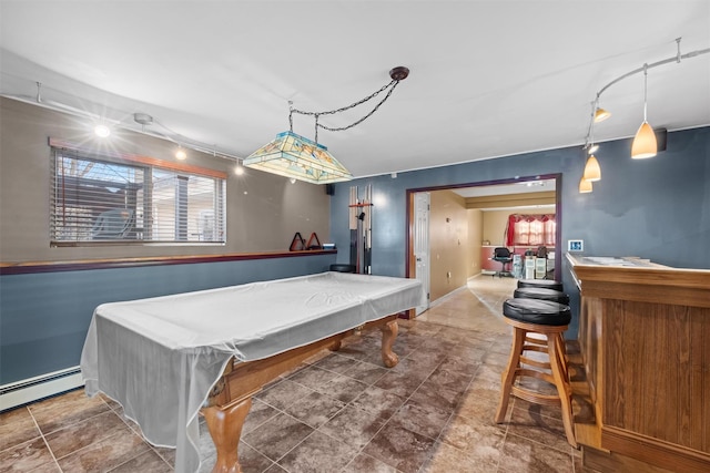 playroom featuring billiards and a baseboard radiator