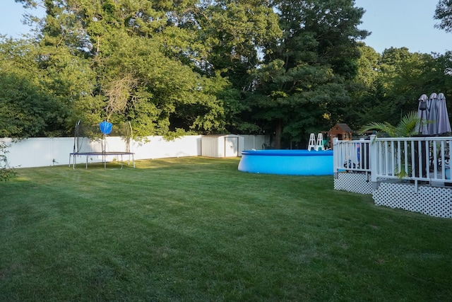 view of yard with a swimming pool side deck, a trampoline, and a storage shed